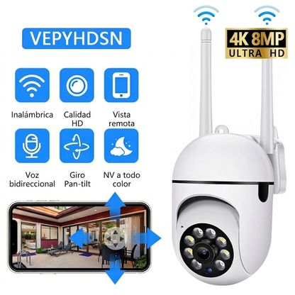 Cámara de Seguridad PTZ con Seguimiento Inteligente WiFi 8MP con Zoom 4X y Visión Nocturna