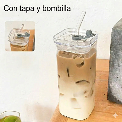 Taza de Cristal con Tapa y Bombilla