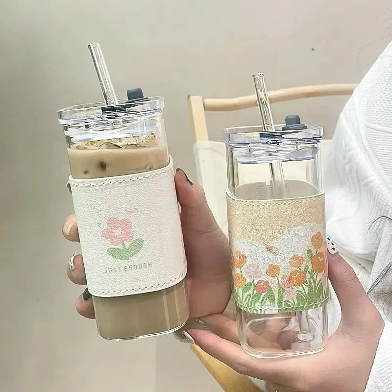 Taza de Cristal con Tapa y Bombilla