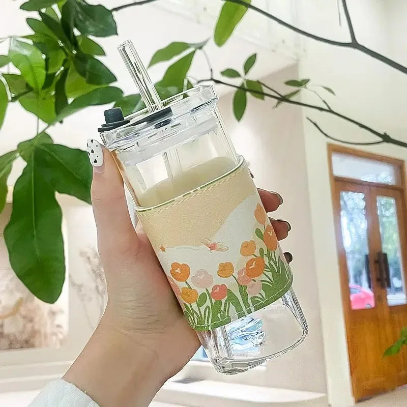 Taza de Cristal con Tapa y Bombilla