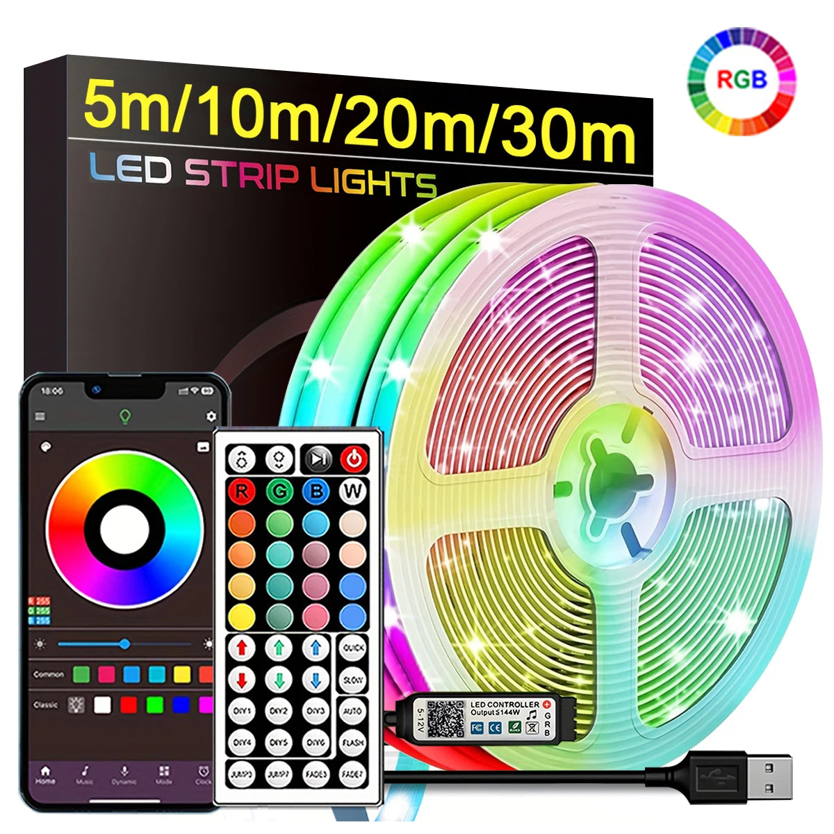Tira LED RGB con App 5–30m para Decoración